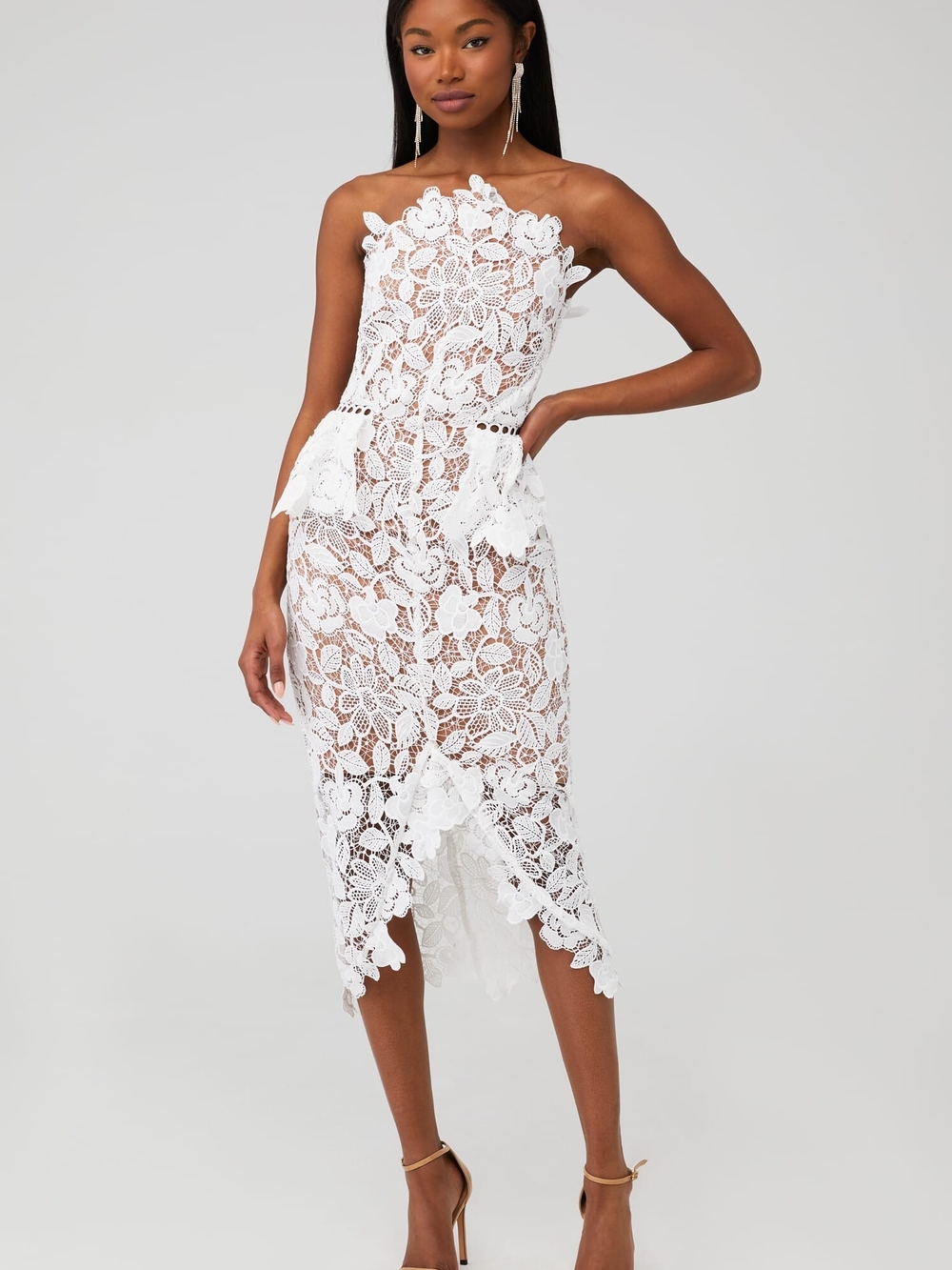 Elliatt - Adelynn Dress - White Strapless Lace Appliqué Midi Dress
